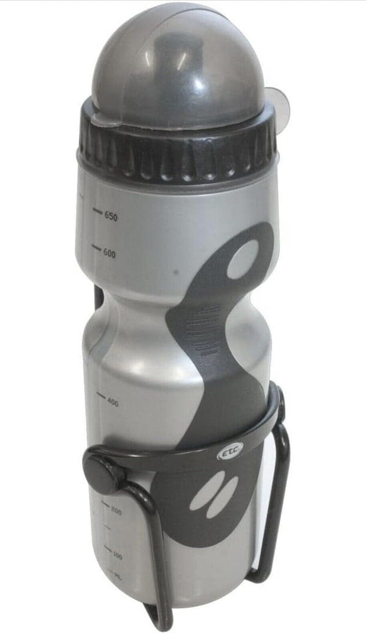 ETC ETC Bike Cycling Water Bottle and Cage Set, Grey 650ml, Hydration, Anti Slip