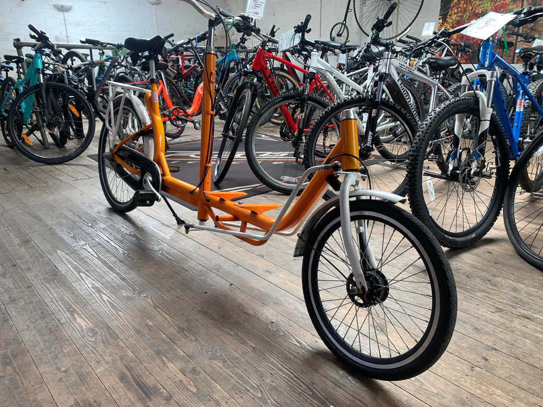 Orange cargo bike on sale