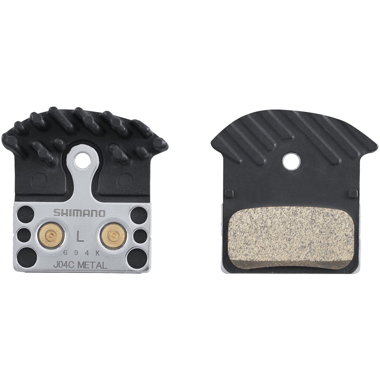 Shimano bicycle brake J04C-MF disc pads and spring, metal sintered, alloy/stainless back, cooling fins